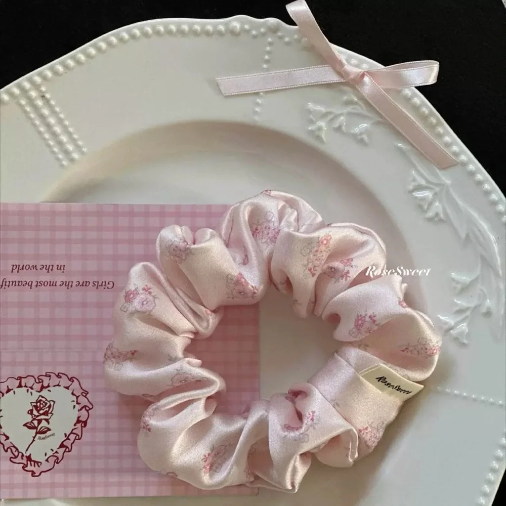 Cute Pink Floral Satin Scrunchie Soft Silk Hair Tie Aesthetic Hair Accessory 4.7
